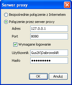 Okno konfiguracji serwera proxy